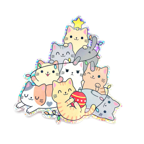 Christmas Kittens Glitter Holographic Vinyl Die Cut Sticker